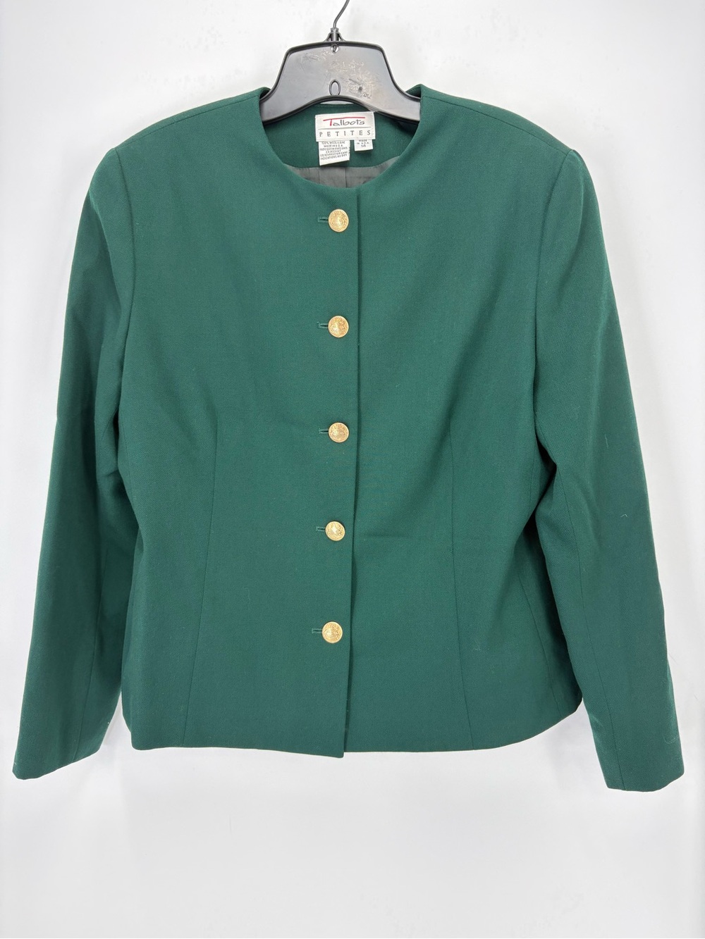 🦆 Talbots wool Forest Green Collarless Blazer with Gold crested Buttons vintage